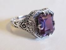wedding photo - Alexandrite Victorian Style Filigree Engagement Ring Sterling Silver/ Floral Rose Antique Vintage Art Deco