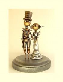 wedding photo - Robot Wedding Cake Topper Elegant Space Princess Bride Groom Top Hat Tails Wood Steampunk Statues