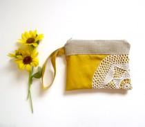 wedding photo - Saffron Linen Burlap Vintage Doily Zipper Wristlet - Amber Wedding - Mustard Bridesmaid Gift