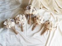 wedding photo - Bridal PACKAGE cream brown rustic wedding 1 MEDIUM 4 small BOUQUETS Ivory Flowers, Burlap Handle, Bride Bridesmaids, sola roses vintage