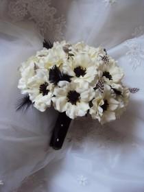 wedding photo - Wedding Silk Ivory Anemones Wedding Bouquet accented with Black Ostrich & guinea feathers  with Matching Anemone Boutonniere