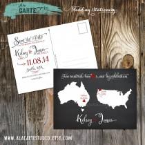 wedding photo - Chalkboard-inspired Two Countries, Two Hearts, One big celebration Save the Date Postcard - Wedding Stationary Design fee