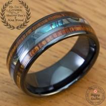 wedding photo - Black Hi-Tech Ceramic Ring with Abalone Pau'a Shell and Hawaiian Koa wood Inlay (8mm Width, Barrel Shape Style, Comfort Fit)