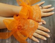 wedding photo - Orange Tulle Wedding Cuff, Halloween bride costume cuff glove, Bridal Wristlet Cuff Glovelet Cuff, Ruffled Cuff, Orange lace gloves