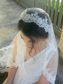 wedding photo - Alencon Lace Mantilla Veil, Fingertip Length Veil in White, Off-White, Ivory, Beaded Lace Wedding Veil -Crystal Veil, Lace Veil Fingertip