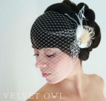 wedding photo - Bridal peacock clip comb feather fascinator and detachable French netting bandeau birdcage veil - DELANEY
