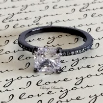 wedding photo - Black Rodium Plated Sterling Silver Wedding Band, Engagement Ring, Promise Ring, Bridal, Anniversary Ring, Rodium Plated, CZ Flower Ring
