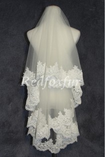 wedding photo - 1 tier Bridal Veil Lace veil White or ivory Chapel veil Alencon lace veil 1.5m length Wedding dress veil Wedding Accessories No comb