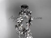 wedding photo -  platinum diamond leaf and vine engagement ring with a Black Diamond center stone ADLR209