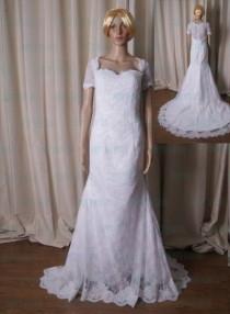 wedding photo - LJ218 Modest illusion french lace back white mermaid wedding dress