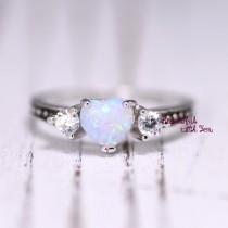 wedding photo - White Opal Ring, Silver Lab Opal Ring, Opal Wedding Band, Womens Opal Wedding Ring, Opal Engagement Ring, Promise Ring for Her, Heart Opal