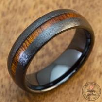 wedding photo - Black Ceramic Brushed Finished Ring with Hawaiian Koa Wood Inlay (7mm Width, Barrel Shaped, Comfort Fit)