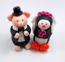 wedding photo - Wedding Cake Topper, Pig Figurine, Polymer Clay Penguin, Personalized Bride and Groom