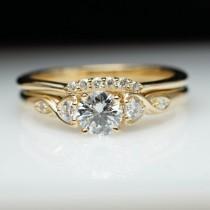wedding photo - Vintage Antique Style Diamond Engagement Ring & Wedding Band Set Vintage Style Yellow Gold Engagement Ring Round Diamond Bridal Set Petite