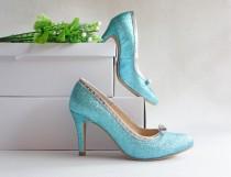 wedding photo - Aqua blue glitter wedding shoe with silver bow, turquoise gleam bride bridal heel, sparkle bridesmaid shoe, Something blue for bride