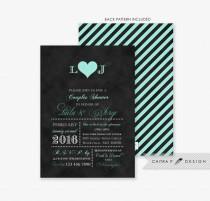 wedding photo - Couples Shower Invitations - Printed, Black Mint Green Monogram Wedding Bridal Typography Engagement Chalkboard Heart Striped Winter - #031