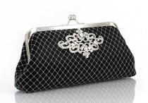 wedding photo - Mother of the Bride Gift, Black Clutch with Rhinestone Geometric Brooch (lace cross) 8-inch PASSION ARTDECO