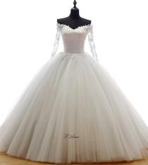 wedding photo - Beautiful Flower Off Shoulder Long sleeve  Knee Length Princess Ball Gown Wedding Dress with Sheer Low Back