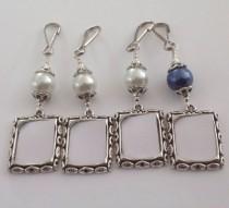wedding photo - Wedding bouquet photo charms. Pearl memorial charms. Small frames for a bridal bouquet. Bridesmaid gift. Wedding keepsakes white or blue.
