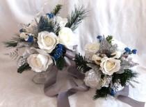 wedding photo - Silver white and blue winter wedding bouquet and boutonniere roses silver glitter pine, green pine, and crystal gems