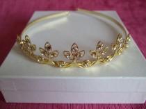 wedding photo - Gold fleur de lye tiara with clear crystals & scrolls / Headdress / Bridal Tiara /  Wedding Tiara / Prom Tiara