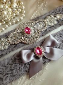 wedding photo - SALE-YOU CHOOSE-Wedding Garter-Gray Lace Garter Set-hot pink-pink-Rhinestone Garter-Vintage-Applique Garter-Grey-Ivory-Bridal Garter-Vintage