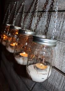 wedding photo - FREE SHIP 6 Hanging Outdoor Garden Light Mason Jar Lantern Luminaries, DIY Flower Vase Hangers or Candle Jar Silver Chain Lids