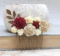 wedding photo - Bridal Hair Comb Dark Red Wedding Hair Accessories Flower Collage Comb Ivory Cream Rose Gold Rose Branch Leaf Leaves Romantic Vintage Style
