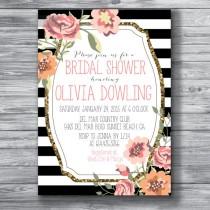 wedding photo - Bridal Shower Invitation, Wedding Shower Invite, Rustic bridal shower invitation,floral invitation,black and white,striped,printable,digital