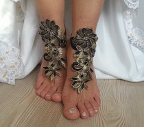 wedding photo -  bridal anklet, Beach wedding barefoot sandals, gothic , yoga, bellydance, steampunk, gold black anklet, wedding shoes, summer wear