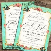 wedding photo - Bridal Shower Invitations  Vintage Style Garden Party Bridal Shower Brunch Luncheon Bridal Tea Party Love Birds Gold Coral Roses