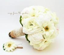 wedding photo - Burlap & Lace Peony Ranunculus Gerbera Silk Flower Bridal Bouquet Groom's Boutonniere White Bud Peonies Silk Ranunculus White Gerber Daisies