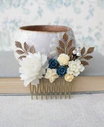 wedding photo - White Rose Hair Comb Cream Ivory Rose Comb Wedding Hair Accessories Something Blue Yellow Flower Comb Navy Blue Rose Pearl Bridal Hair Comb