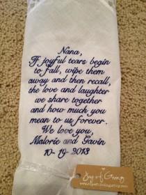 wedding photo - Grandma GRANDMOTHER LACE SCRIPT Heirloom Personalized Wedding Handkerchief Custom Embroidered