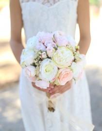 wedding photo - Silk Bride Bouquet White Cream Pale Pink Roses Peonies Wildflowers Natural Bouquet Shabby Chic Vintage Inspired Rustic Wedding