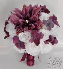 wedding photo - 17 Piece Package Wedding Bouquet Bride Silk Flowers Bridal Party Bouquets Decoration MARSALA SANGRIA BURGUNDY White "Lily of Angeles" BUWT01