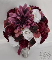 wedding photo - 17 Piece Package Wedding Bouquet Bride Silk Flowers Bridal Party Bouquets Decoration MARSALA SANGRIA BURGUNDY Silver "Lily of Angeles"BUWT01