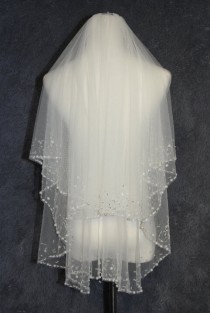 wedding photo - wedding veil, 2T beaded veil, fingertip veil, white ivory veil, handmade pearl veil + comb veil