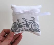wedding photo - Tandem Bicycle Wedding Ring Bearer Pillow 4 x 4 inches on White Linen
