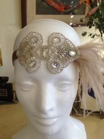 wedding photo - Flapper dress headpiece, beige gatsby dress headband, 1920s dresses feather headband, beige, silver ostrich, feathered headband, silver,