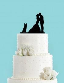 wedding photo - Couple Kissing with German Shepherd Dog Sitting Wedding Cake Topper