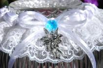 wedding photo - Set of Two Enchanted Fairy  & Mushroom Blue Wedding Garter, Iridescent White Lace, Hand Fasting, Bridal Garter, Wicca Fantasy