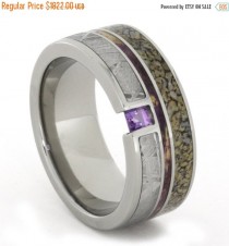wedding photo - Holiday Sale 15% Off Titanium Ring inlaid w Dinosaur Bone, Purple Box Elder Wood, Gibeon Meteorite and Beautiful Dark Purple Amethyst Gemsto