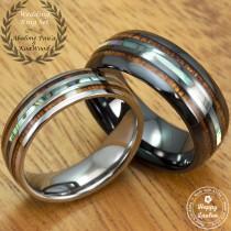 wedding photo - Black Ceramic and Tungsten Wedding Ring Set with Abalone Pau'a Shell and Koa Wood Inlay (Pair of 6 & 8mm Widths, Barrel Style, Comfort Fit)
