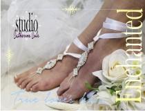 wedding photo -  Barefoot sandals, Enchanted, beach, wedding, foot jewelry, ribbon, silver, white 