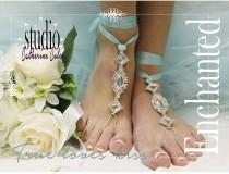 wedding photo -  Barefoot sandals, Enchanted, footless, ribbon, rhinestone,wedding, beach,aqua 