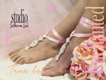 wedding photo -  Barefoot Sandals, foot jewelry, wedding, beach, Enchanted, silver pink, rhinestones, ribbon 