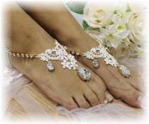 wedding photo -  barefoot sandals, Romance, foot jewelry, beach, wedding, gold rhinestone / ivory lace 