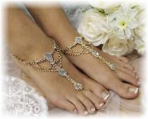 wedding photo -  Barefoot sandals, Something Blue, rhinestone, jewelry, bridal, beach, bridal, gold | SJ4