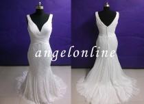 wedding photo - Simple Beach White/Ivory Lace Chiffon Wedding Dress Mermaid Long/Plus Size Long Wedding Dress V-Neck/ Vintage Wedding Dress/Bridal Gown Long